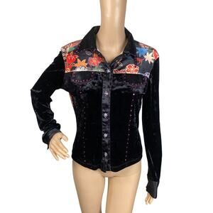 Vtg Y2K Love Amour Black Crushed Velvet Floral Whimsigoth Button Down Top SZ M